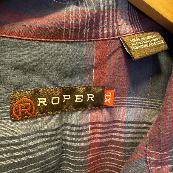 Roper Western Mens Blue Red Plaid Metallic Pearl Snap Long Sleeve Shirts Size XL - Picture 3 of 6